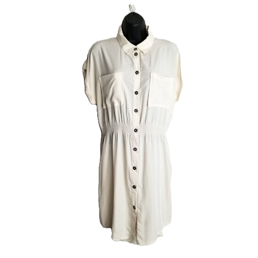 Topshop Ivory Button Front Shirt Dress Smocked Waist Pockets Size 10